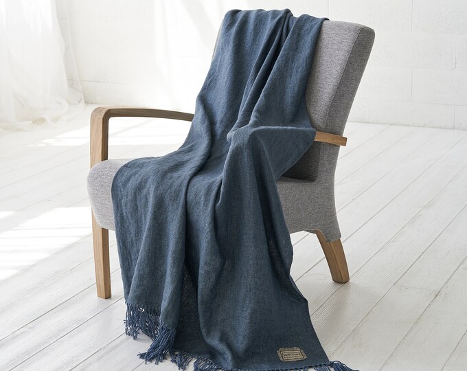Wool Linen Blanket in a Herringbone Pattern, Beige Fringed Linen