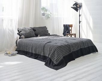 Black Luxury Plisse Linen Bedspread, Softened Premium Quality Linen Coverlet, Black Stonewashed Quality Linen Bedding,  Unique Gift Ideas