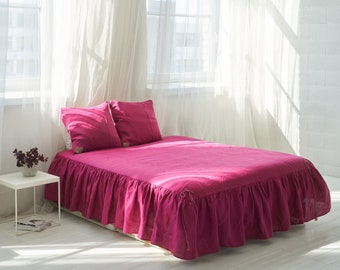 Linen Bedspread With Skirt, Natural 100% Pure Linen Ruffled Bedspread, Rustic Linen Bedskirt Bedding, Exclusive Dark Pink color