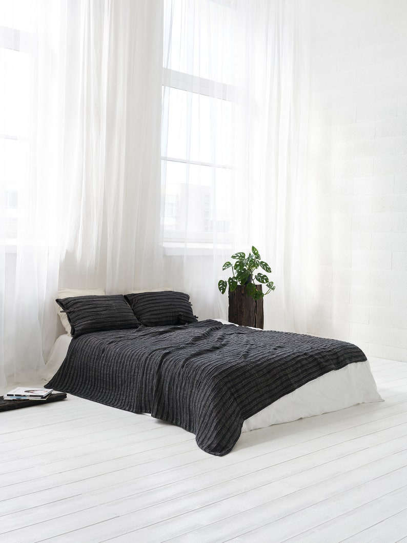 Linen Bedspread In Black, Softened Black Plisse Linen Bedspread, Luxury Linen Bed Coverlet, Premium Quality Linen Throw Bed Blanket image 1