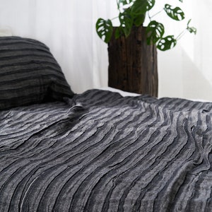 Linen Bedspread In Black, Softened Black Plisse Linen Bedspread, Luxury Linen Bed Coverlet, Premium Quality Linen Throw Bed Blanket image 4