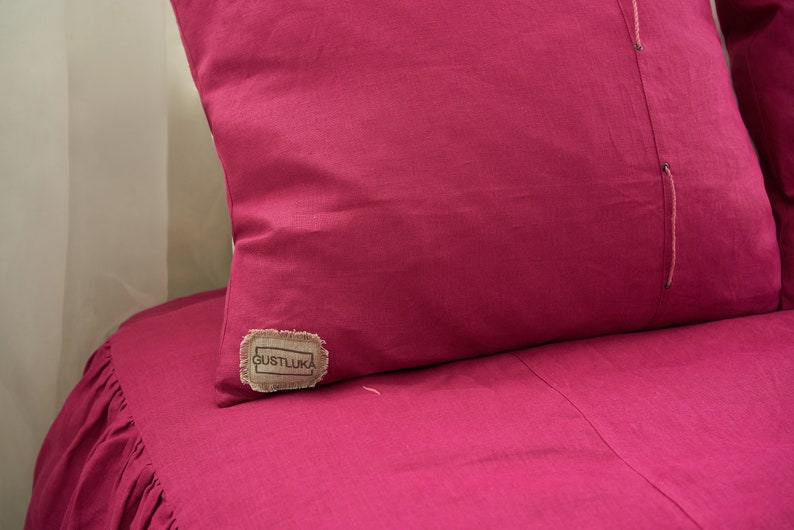 Decorative Pink Linen Pillow Cover Linen Pillow Case Natural Linen Decorative Cushion Cover With Decorative elements and Hidden Zipper image 2