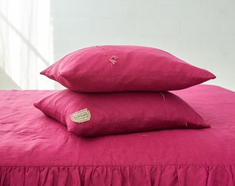 Decorative Pink Linen Pillow Cover  - Linen Pillow Case – Natural Linen Decorative Cushion Cover With Decorative elements and Hidden Zipper