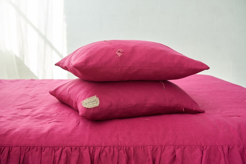 Decorative Pink Linen Pillow Cover Linen Pillow Case Natural Linen Decorative Cushion Cover With Decorative elements and Hidden Zipper image 1