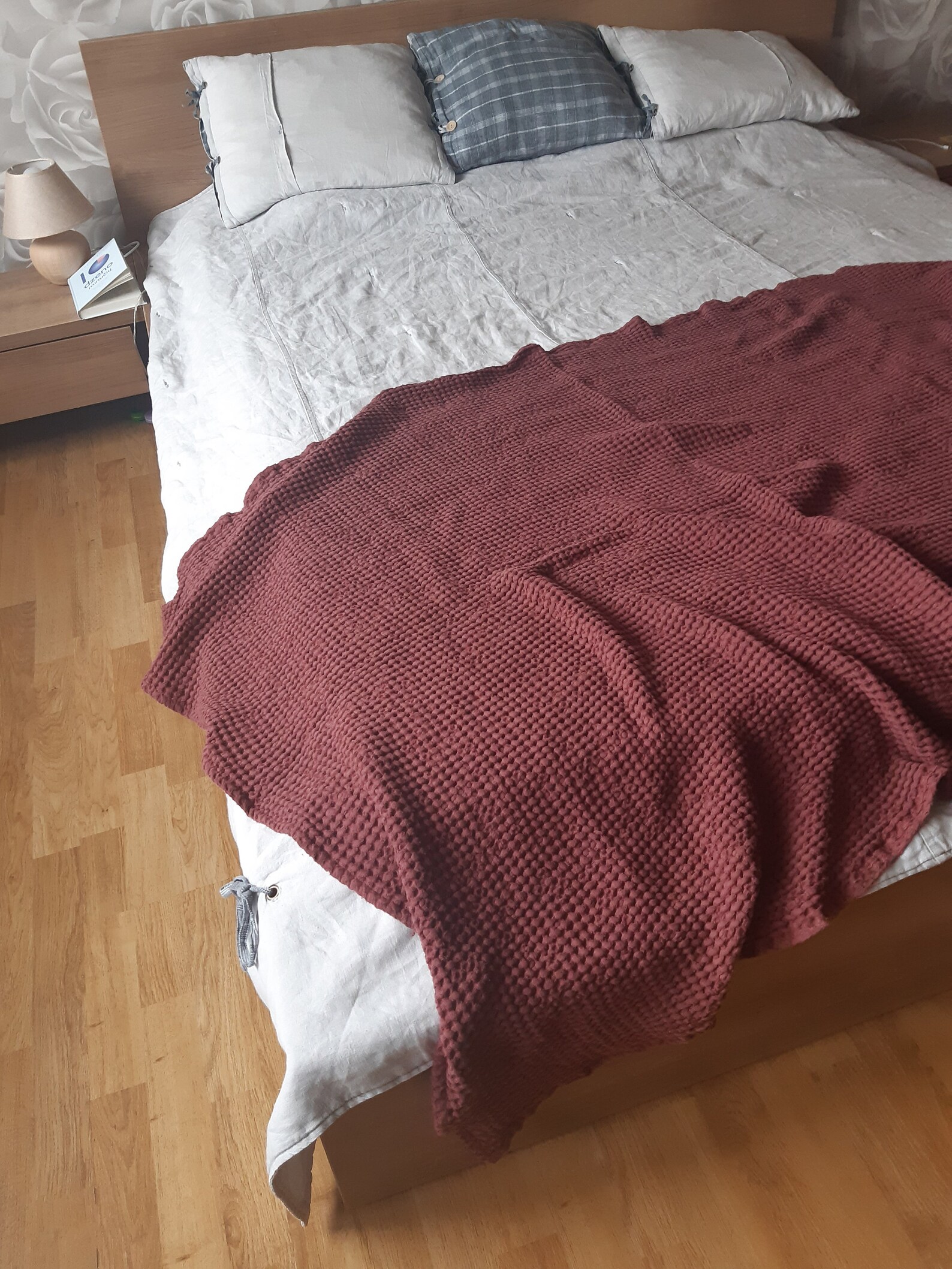 Natural Waffle Linen Throw Blanket In Red Organic Soft Linen Etsy