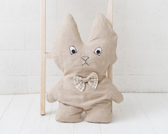 Baby Kids Soft Linen Bunny Pillow Toy, Handmade  Stuffed Toy Animal, Organic Eco Friendly Linen Plush Toy Baby Toddler Kids Gift