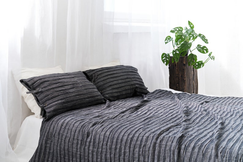 Linen Bedspread In Black, Softened Black Plisse Linen Bedspread, Luxury Linen Bed Coverlet, Premium Quality Linen Throw Bed Blanket image 2