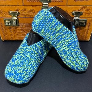 Hand Knit LIME BLUE Women&#39;s Slippers Adult US 7-9 - Bright Green Neon Colors Ready to Ship