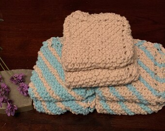 Set of 6 Knitted Blue Dishcloth Cotton Cloth Spa Kitchen Wedding or Hostess Gift