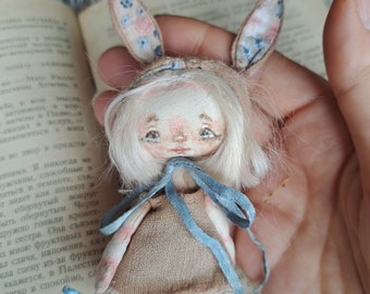 Miniature rag art doll with rabbit hat and angel wings,  gift for her, pocket doll, talisman