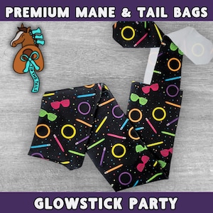 Glowstick Party Equine Tail Bag, Rave Horse Tailbag for Equestrian Gifts, Glowstick Tailbag for Equine Mane & Tail Protection, Black Tailbag