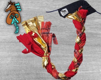 Red Plaid Shimmer 3-Tube Braid-In Tail Wrap, Horse Tail Wrap for Equine Tail Protection, Equestrian Gifts for Horse Lovers, Braid Horse Tack