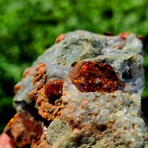 May include: A close-up of a rock with several orange-brown crystals embedded in it. The crystals are shiny and have a rough texture.
