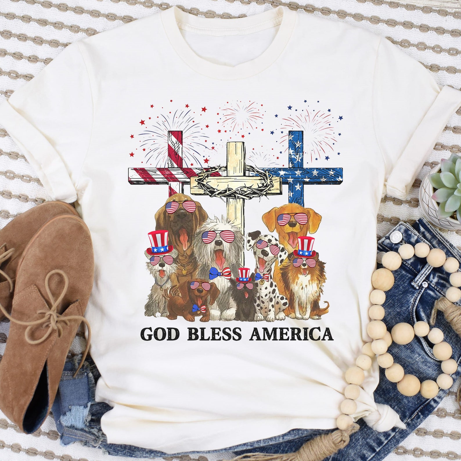 Patriotic Dogs God Bless America Shirt American Flag Cross Etsy