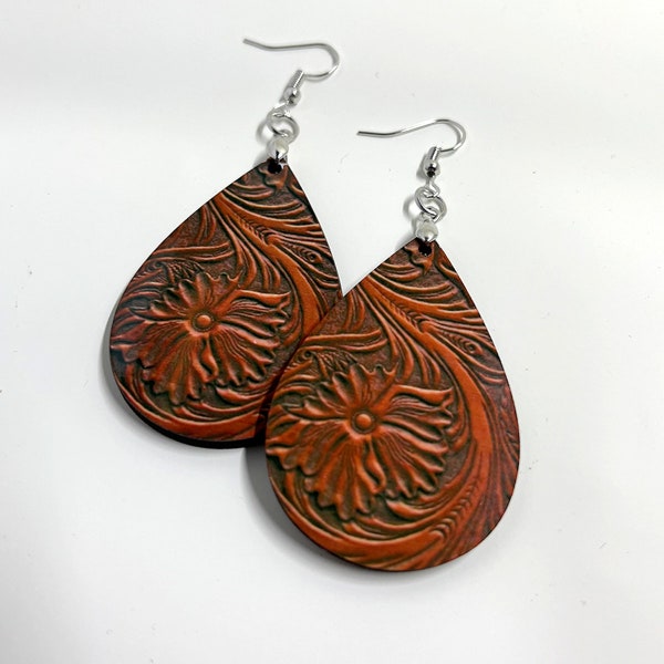 Tooled Leather Earrings - Western Teardrop Earrings Mahogony