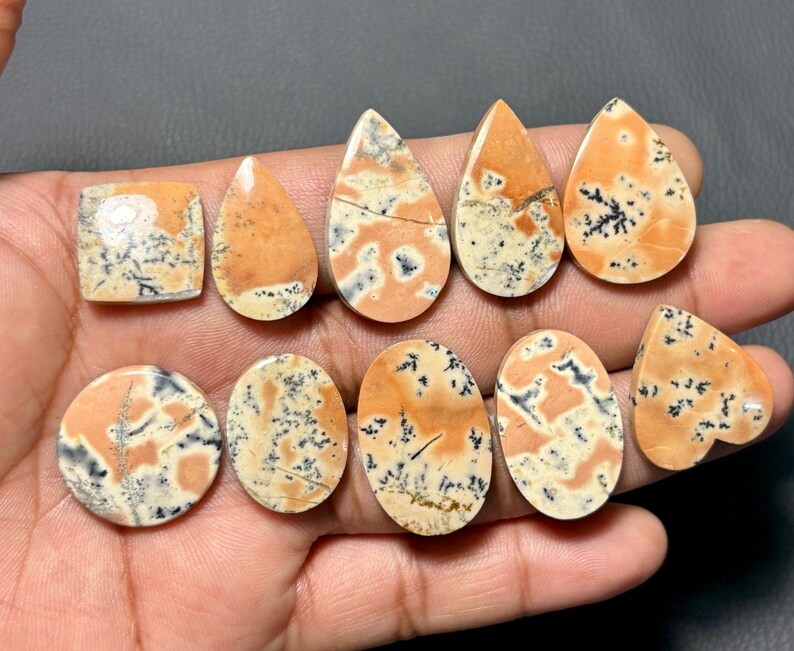 May include: A collection of polished gemstones in various shapes, including square, teardrop, oval, and heart. The stones feature a cream-colored base with orange and black patterns. The gemstones are held in a hand.