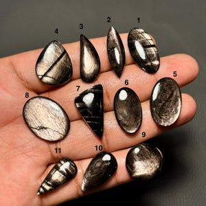 Puede incluir: Una colección de once piedras preciosas de obsidiana negra pulidas en varias formas, incluyendo ovaladas, en forma de lágrima y triangulares. Cada piedra muestra un brillo metálico brillante con patrones y estrías únicos. Las piedras preciosas se muestran en una mano.