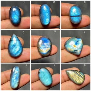 Puede incluir: Nueve piedras preciosas de labradorita pulidas en varias formas, incluyendo ovaladas, de lágrima e irregulares. Las piedras muestran destellos iridiscentes azules, dorados y verdes. Cada piedra se presenta sobre un fondo neutro.