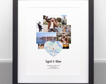 Personalised Where We Met Print, Photo Collage & Custom Map, Romantic Anniversary Gift for couples