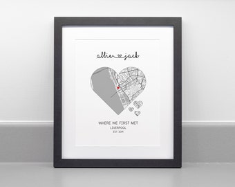 Personalized Where We Met Map Print, Love Heart, Anniversary Gift