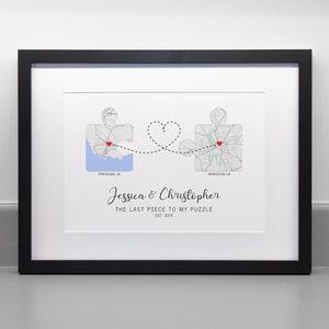 Puzzle Piece Map Print, Valentines Gift, Professional Fine Art Archival Paper, Wedding Anniversary Engagement Gift image 1