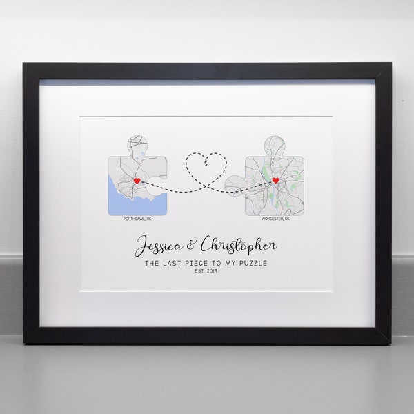 Puzzle Piece Map Print, Valentines Gift, Professional Fine Art Archival Paper, Wedding Anniversary Engagement Gift