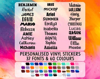 Custom Name Vinyl Decals, Personalized Stickers, 56 Colors