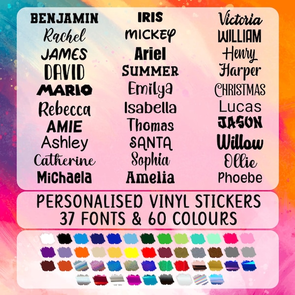 Custom Name Vinyl Decals, Personalized Stickers, 56 Colors