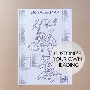 2 x A4 UK Postcode Map, titre personnalisé, carte des ventes, carte des commandes