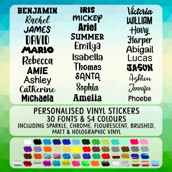 Custom Name Vinyl Stickers, 54 Colours, 30 Fonts, Decals, Personalised Name Vinyl, Holographic, Chrome, Fluorescent, Brushed