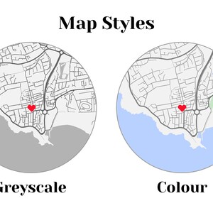 May include: Two maps of the same area, one in grayscale and one in color. Both maps show a red heart marking a location. The text "Map Styles" is above the maps, and the text "Greyscale" is below the left map, and the text "Colour" is below the right map.