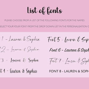 May include: A light pink informational graphic titled List of fonts, displaying eight distinct black font styles labeled Font 1 through Font 8. Each line features the names Lauren & Sophia. Text includes instructions to select a font from the drop down list.
