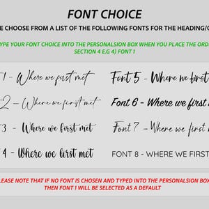 May include: Image displaying font options for headings or quotes. The text reads "FONT CHOICE" and provides a list of eight font styles, each with the phrase "Where we first met." Instructions are included to select a font and type it into a personalization box.