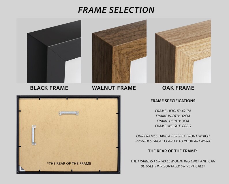 May include: A frame selection guide showing black, walnut, and oak frames. The back of the frame is displayed with metal hangers. Text includes FRAME SELECTION, FRAME SPECIFICATIONS, FRAME HEIGHT: 42CM, FRAME WIDTH: 32CM, FRAME DEPTH: 3CM, FRAME WEIGHT: 800G.