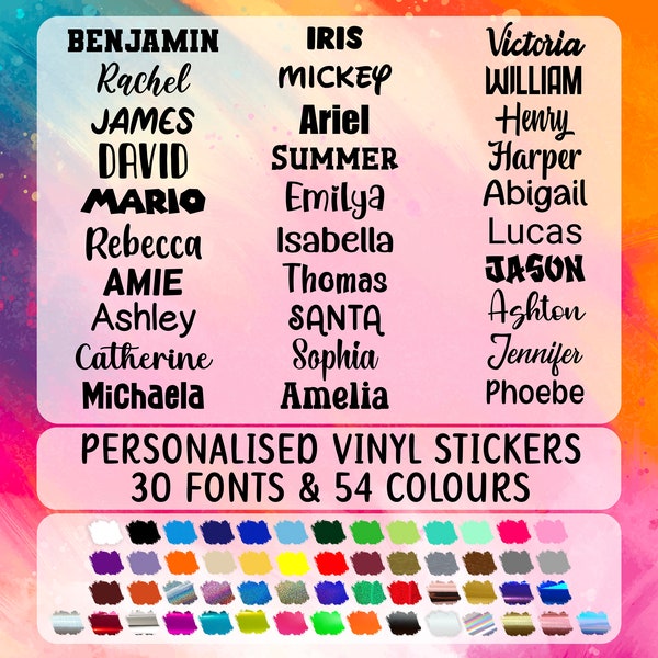 Custom Name Vinyl Stickers, 54 Colours, 30 Fonts, Decals, Personalised Name Vinyl, Holographic, Chrome, Fluorescent, Brushed