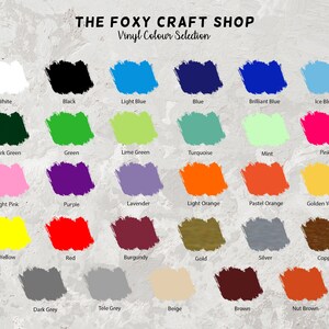 May include: A chart showing 25 different vinyl colors for crafting. The colors are arranged in rows and labeled with their names, including white, black, light blue, blue, brilliant blue, ice blue, dark green, green, lime green, turquoise, mint, pink, light pink, purple, lavender, light orange, pastel orange, golden yellow, yellow, red, burgundy, gold, silver, copper, dark grey, tele grey, beige, brown, and nut brown.