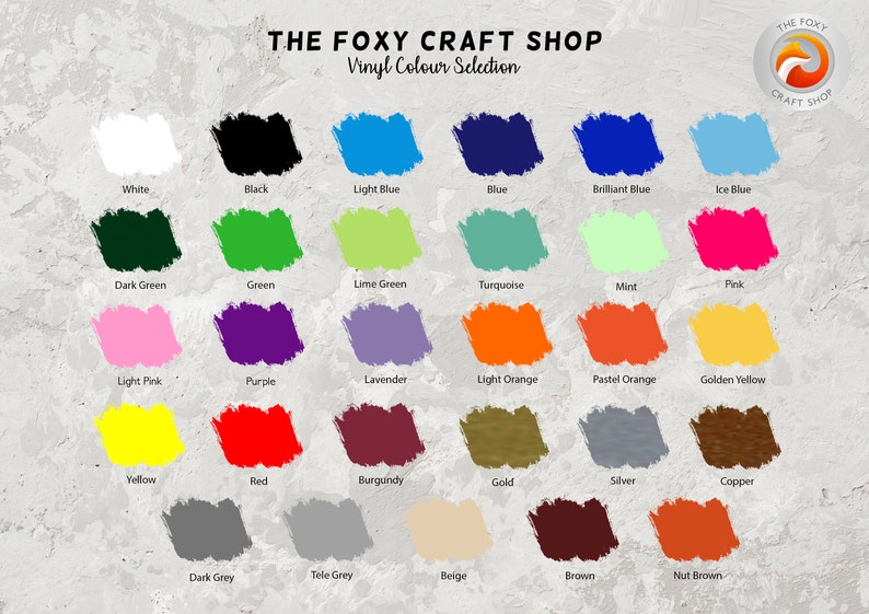 May include: A chart showing 25 different vinyl colors for crafting. The colors are arranged in rows and labeled with their names, including white, black, light blue, blue, brilliant blue, ice blue, dark green, green, lime green, turquoise, mint, pink, light pink, purple, lavender, light orange, pastel orange, golden yellow, yellow, red, burgundy, gold, silver, copper, dark grey, tele grey, beige, brown, and nut brown.