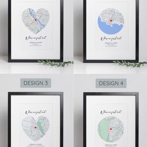 May include: Four framed prints with map designs. Each print features a map with a heart or circle shape, a red marker, and the text "Where we first met." The prints include names and a date. The frames are black.