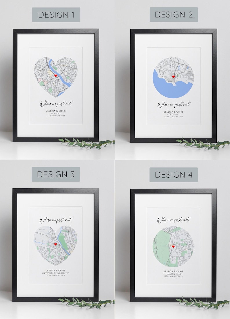 May include: Four framed prints with map designs. Each print features a map with a heart or circle shape, a red marker, and the text "Where we first met." The prints include names and a date. The frames are black.