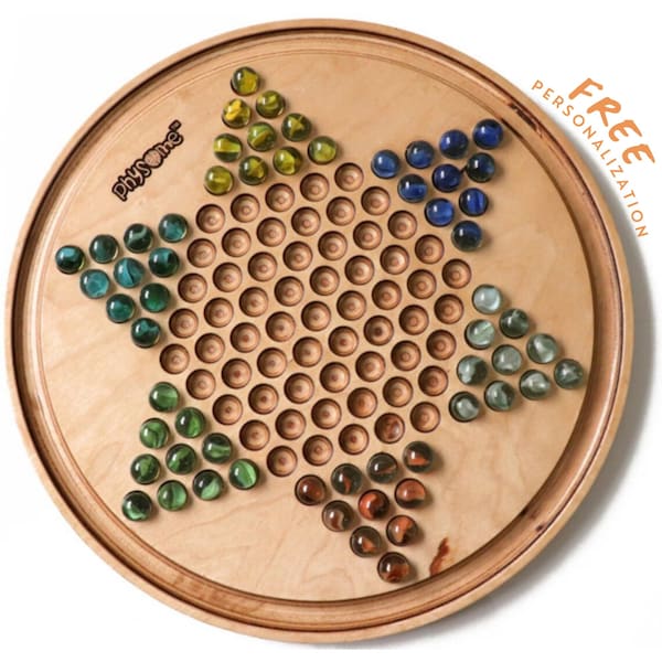 CHINESE CHECKERS, STRATEGY Games, Wooden Checkers Board, Halma Move 6 Player Glass Marbles Checkers Game Set, Personalized Board Game Gifts