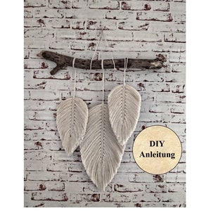 May include: Three macrame feather wall hangings in cream white, hanging from a natural wood branch against a white brick wall. The text "DIY Anleitung" is on a brown circle.