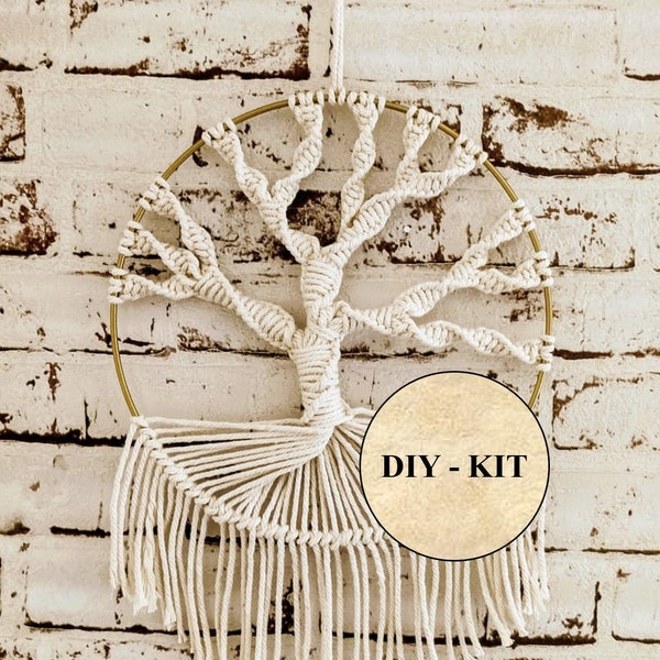 DIY Kit Makramee Baum an einem goldenen Ring Wandbild für Anfänger und Fortgeschrittene