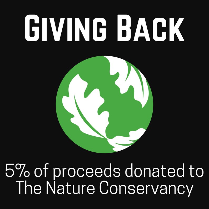 Może przedstawiać: Czarne tło z białym napisem "GIVING BACK". Zielone koło z białymi wzorami liści dębu pośrodku. Poniżej tekst "5% of proceeds donated to The Nature Conservancy".