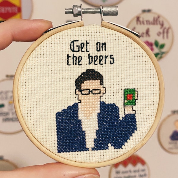 mini (3") Dan Andrews "Get on the beers" cross stitch