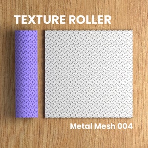 May include: A purple texture roller with a repeating geometric pattern. The roller is next to a white square with the same pattern. The text "Metal Mesh 004" is below the square.
