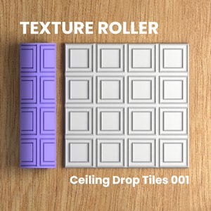 Op de afbeelding: Een paarse textuurroller en een wit plafondtegelpatroon worden getoond op een houten oppervlak. De tekst "TEXTURE ROLLER" en "Ceiling Drop Tiles 001" zijn zichtbaar. Het 3D Maker Space-logo staat rechtsonder.