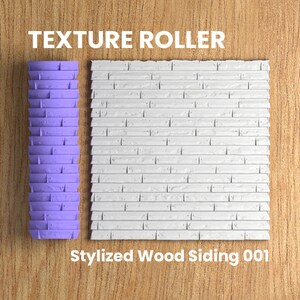 Könnte beinhalten: Eine violette Texturrolle mit einem Muster aus stilisiertem Holzverkleidung. Die Rolle befindet sich neben einer Musterprobe, die weiß ist. Der Text "TEXTURE ROLLER" befindet sich über dem Bild und "Styled Wood Siding 001" unter dem Bild.