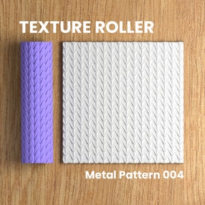 May include: A purple texture roller and a white rectangular pattern with a metal design are displayed on a wooden surface. The text "TEXTURE ROLLER" and "Metal Pattern 004" are visible. The 3D Maker Space logo is in the bottom right corner.