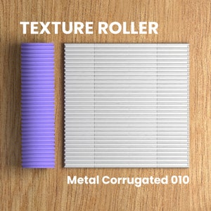 May include: A purple texture roller for creating a corrugated metal pattern. The roller is next to a sample of the pattern, labeled "Metal Corrugated 010".