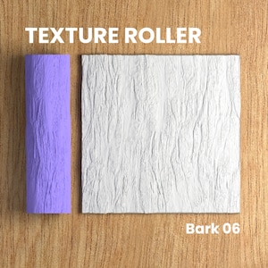 May include: A purple texture roller with a bark pattern. The roller is next to a sample of the texture it creates, which is a white surface with a bark pattern. The text "Bark 06" is below the sample. The text "TEXTURE ROLLER" is at the top of the image.